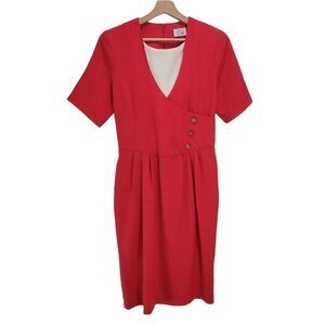 Vintage In Cinq USA Red and White Faux Wrap Front Short Sleeve Dress